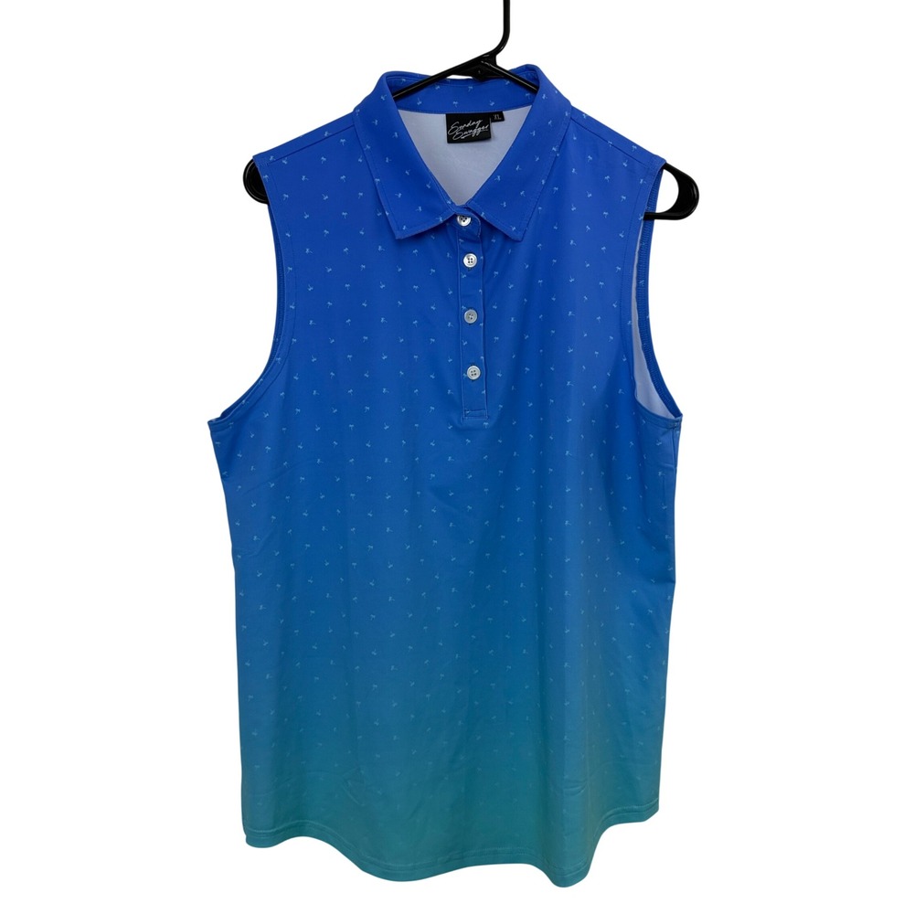 Sunday Swagger Polo Womens XL Blue Palm Tree Ombre Sleeveless Golf Shirt